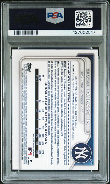 GEORGE LOMBARD JR SIGNED 2024 BOWMAN CHROME MOJO REFRACTOR 1ST RC PSA 9 AUTO 10