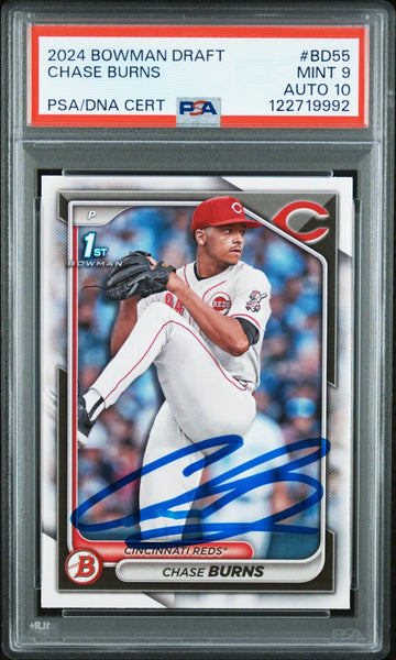 CHASE BURNS SIGNED 2024 BOWMAN DRAFT 1ST ROOKIE RC MINT PSA 9 AUTO 10