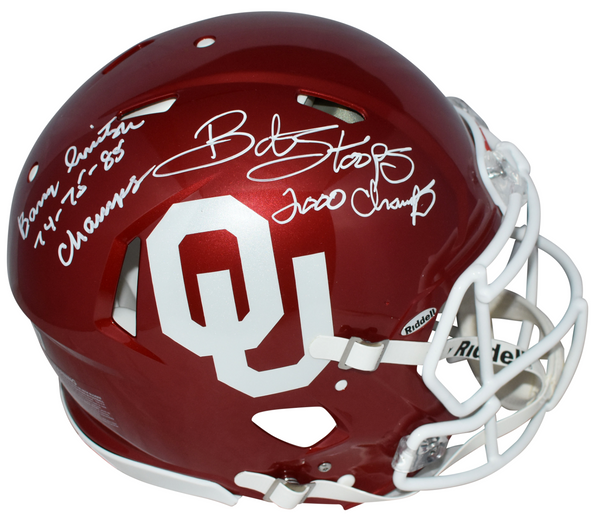 BARRY SWITZER BOB STOOPS SIGNED OKLAHOMA SOONERS AUTHENTIC SPEED HELMET BECKETT