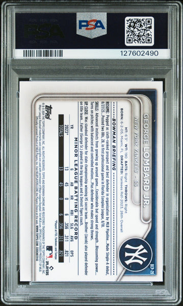 GEORGE LOMBARD JR SIGNED 2024 BOWMAN CHROME PROSPECTS 1ST RC PSA 9 AUTO 10