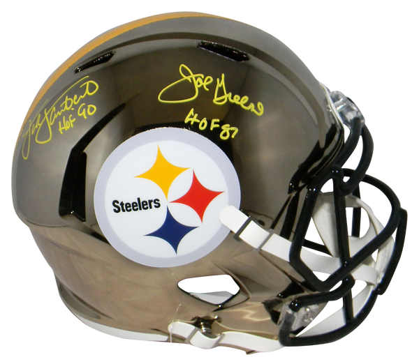 JOE GREENE & JACK LAMBERT SIGNED PITTSBURGH STEELERS CHROME FULL SIZE HELMET BAS