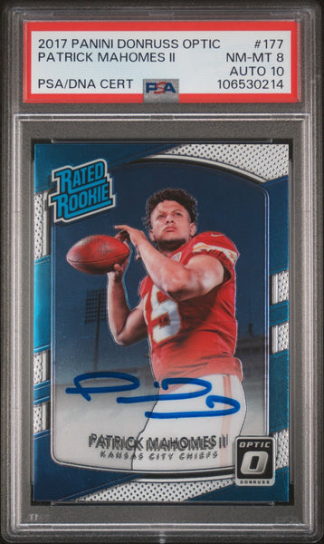 PATRICK MAHOMES SIGNED 2017 PANINI DONRUSS OPTIC RATED ROOKIE RC PSA 8 AUTO 10