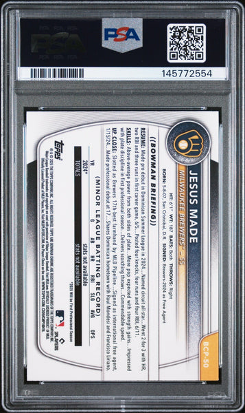 JESUS MADE SIGNED 2025 BOWMAN CHROME 1ST RC FUCHSIA WAVE /199 PSA 9 AUTO 10