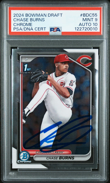 CHASE BURNS SIGNED 2024 BOWMAN DRAFT CHROME 1ST ROOKIE RC PSA 9 AUTO 10