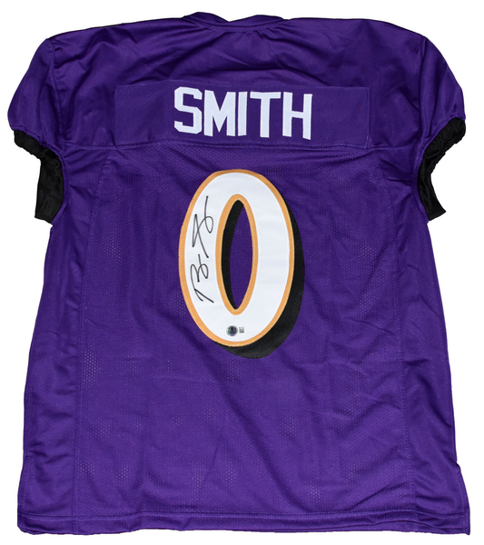 ROQUAN SMITH SIGNED BALTIMORE RAVENS #0 PURPLE GAME CUT JERSEY BECKETT