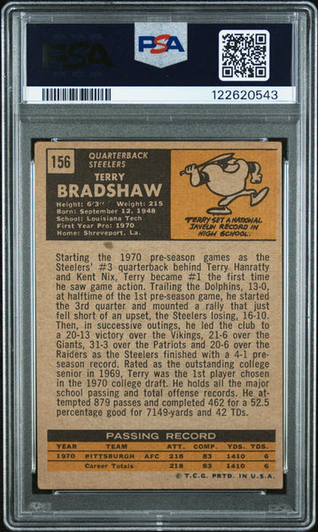 TERRY BRADSHAW SIGNED 1971 TOPPS ROOKIE CARD RC #156 PSA GEM AUTO 10