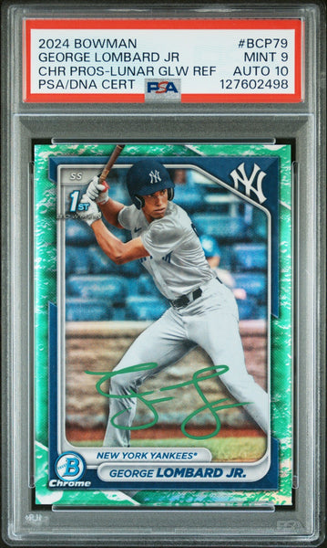 GEORGE LOMBARD JR SIGNED 2024 BOWMAN CHROME LUNAR GLOW REFRACTOR PSA 9 AUTO 10