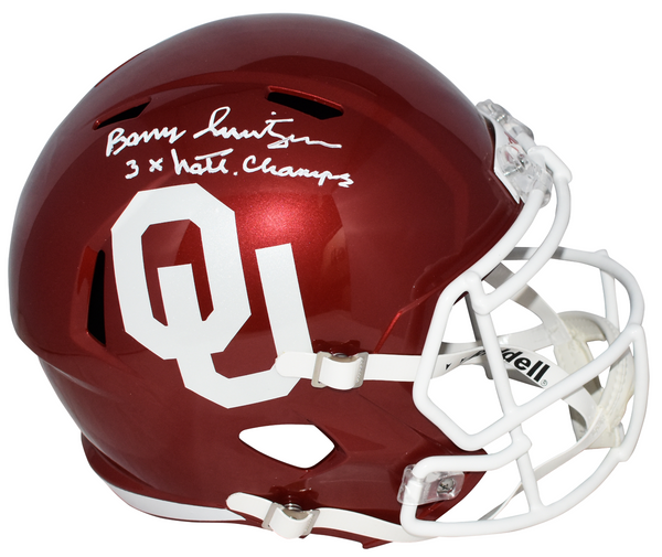 BARRY SWITZER SIGNED OKLAHOMA SOONERS FULL SIZE SPEED HELMET W/ 3X NATL CHAMPS