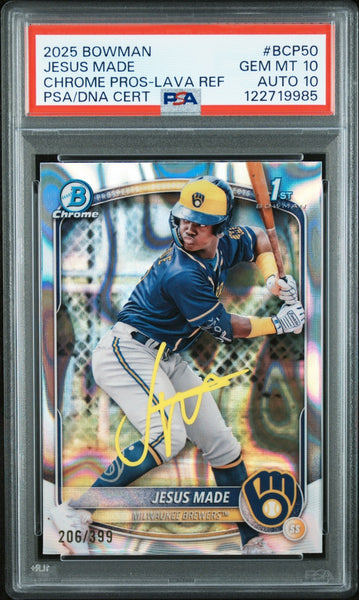 JESUS MADE SIGNED 2025 BOWMAN CHROME 1ST RC LAVA REFRACTOR /399 PSA 10 AUTO 10
