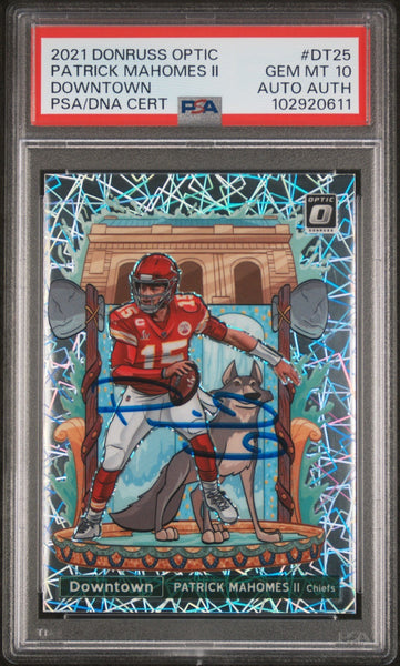 PATRICK MAHOMES SIGNED 2021 PANINI DONRUSS OPTIC DOWNTOWN AUTO PSA GEM 10