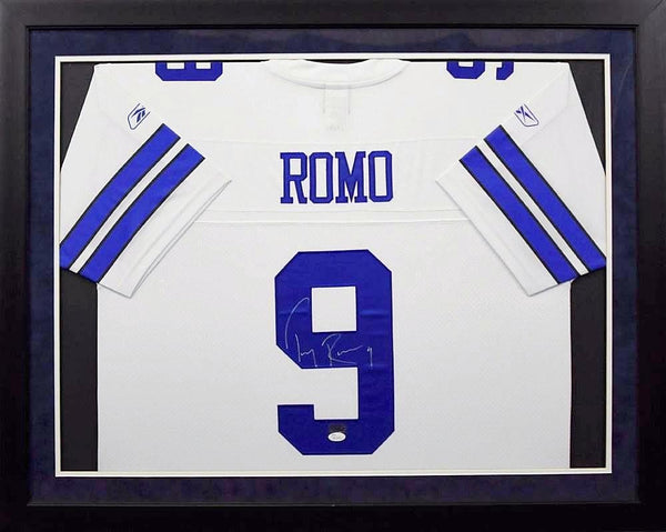 TONY ROMO AUTOGRAPHED DALLAS COWBOYS #9 WHITE REEBOK FRAMED JERSEY JSA