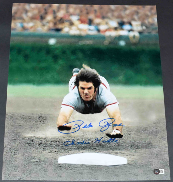 PETE ROSE AUTOGRAPHED CINCINNATI REDS 16x20 PHOTO BECKETT W/ CHARLIE HUSTLE