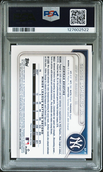 GEORGE LOMBARD JR SIGNED 2024 BOWMAN CHROME MOJO REFRACTOR 1ST RC PSA 10 AUTO 10