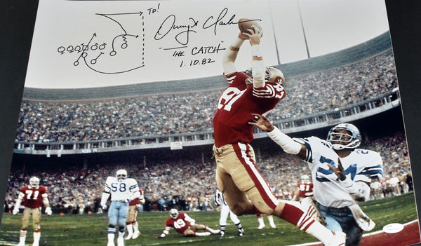 DWIGHT CLARK SIGNED SAN FRANCISCO 49ERS THE CATCH 16x20 PHOTO JSA W/ PLAY DRAWN