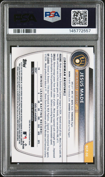 JESUS MADE SIGNED 2025 BOWMAN CHROME PROSPECTS 1ST ROOKIE RC PSA AUTO 10