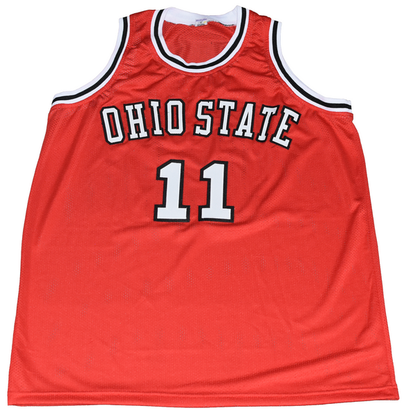 JERRY LUCAS SIGNED OHIO STATE BUCKEYES #11 RED BASKETBALL JERSEY W/ 1960 CHAMPS