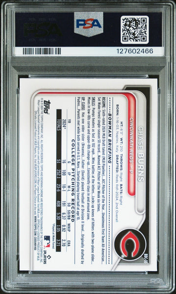 CHASE BURNS SIGNED 2024 BOWMAN CHROME SKY BLUE REFRACTOR 1ST RC PSA 9 AUTO 10