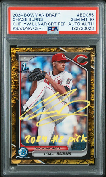 CHASE BURNS SIGNED 2024 BOWMAN CHROME YELLOW LUNAR REFRACTOR 1ST RC /75 PSA 10