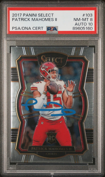 PATRICK MAHOMES SIGNED 2017 PANINI SELECT ROOKIE #103 RC PSA 8 AUTO 10
