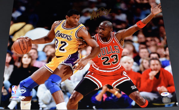 MAGIC JOHNSON SIGNED LOS ANGELES LAKERS VS MICHAEL JORDAN 16x20 PHOTO PSA