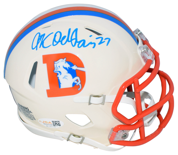JK DOBBINS AUTOGRAPHED DENVER BRONCOS RETRO SPEED MINI HELMET JSA