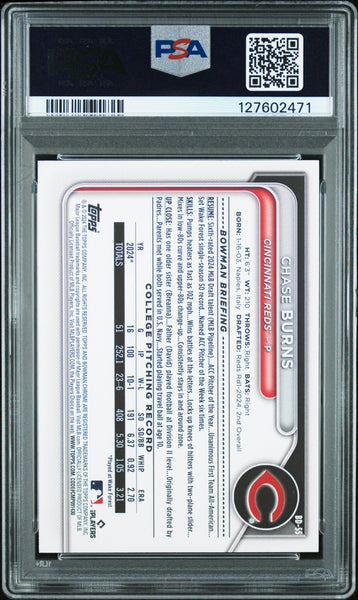 CHASE BURNS SIGNED 2024 BOWMAN DRAFT SKY BLUE 1ST ROOKIE RC /499 PSA AUTO 10