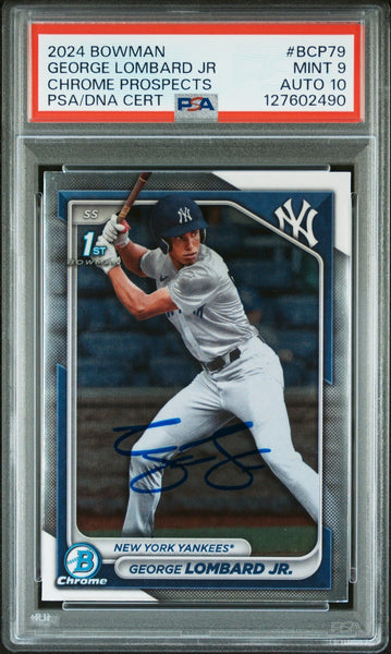 GEORGE LOMBARD JR SIGNED 2024 BOWMAN CHROME PROSPECTS 1ST RC PSA 9 AUTO 10