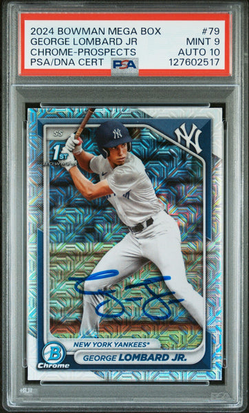 GEORGE LOMBARD JR SIGNED 2024 BOWMAN CHROME MOJO REFRACTOR 1ST RC PSA 9 AUTO 10