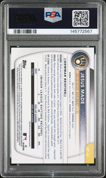 JESUS MADE SIGNED 2025 BOWMAN PAPER PROSPECTS 1ST ROOKIE RC PSA AUTO 10