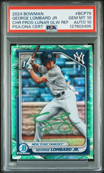 GEORGE LOMBARD JR SIGNED 2024 BOWMAN CHROME LUNAR GLOW REFRACTOR PSA 10 AUTO 10