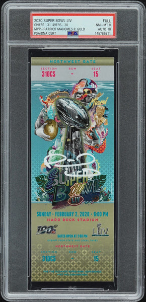 PATRICK MAHOMES SIGNED SUPER BOWL LIV 54 GOLD TICKET CHIEFS 49ERS PSA 8 AUTO 10