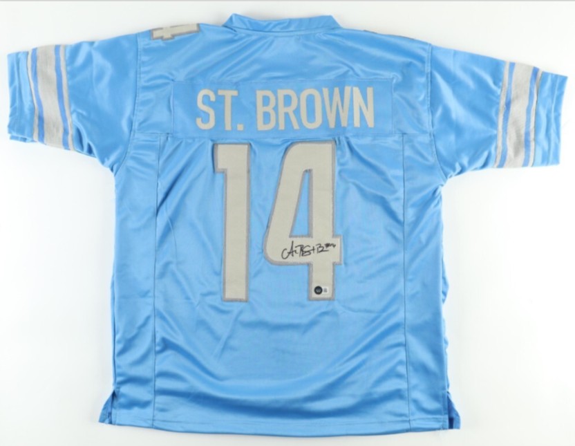 AMON-RA ST BROWN SIGNED AUTOGRAPHED DETROIT LIONS #14 BLUE JERSEY