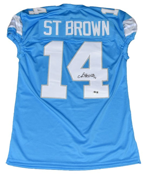 AMON-RA ST BROWN SIGNED DETROIT LIONS #14 2024 BLUE GAME CUT JERSEY