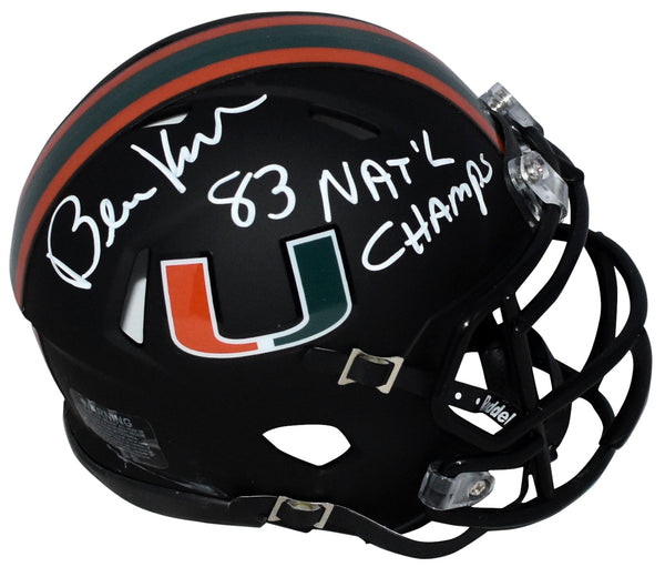 BERNIE KOSAR SIGNED MIAMI HURRICANES BLACK SPEED MINI HELMET W/ 83 NATL CHAMPS