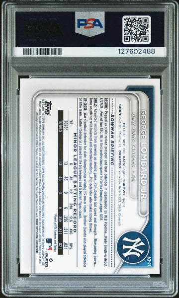 GEORGE LOMBARD JR SIGNED 2024 BOWMAN CHROME SAPPHIRE 1ST RC PSA 9 AUTO 10