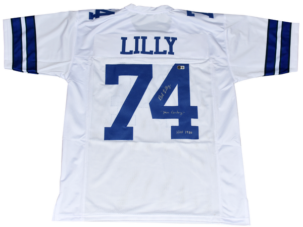 BOB LILLY AUTOGRAPHED DALLAS COWBOYS #74 WHITE JERSEY W/ MR COWBOY & HOF 1980
