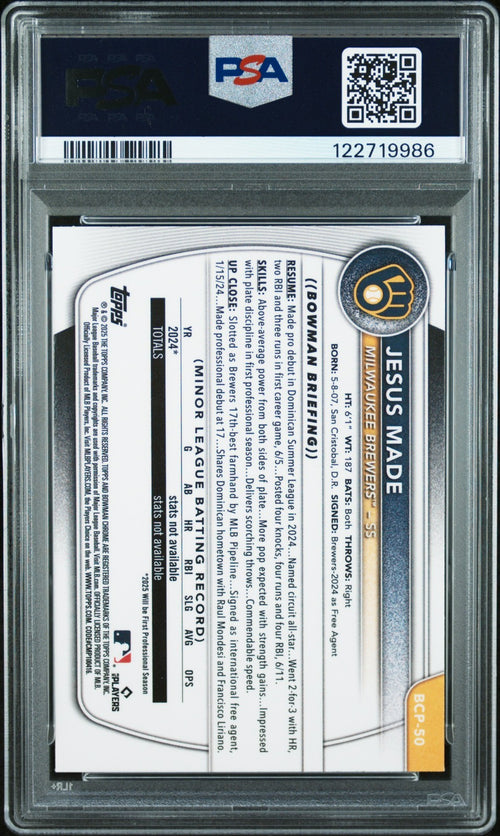 JESUS MADE SIGNED 2025 BOWMAN CHROME 1ST RC WAVE REFRACTOR /350 PSA 9 AUTO 10