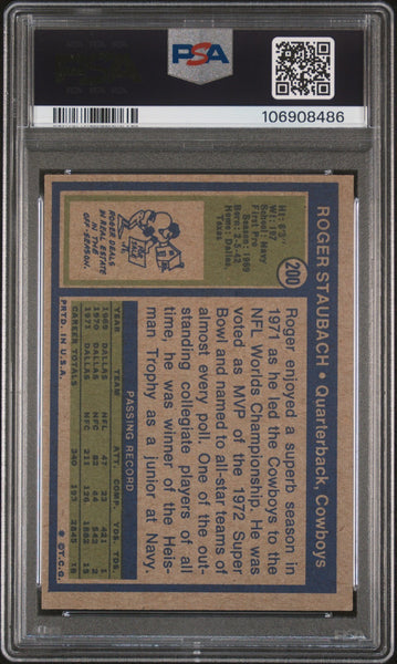 ROGER STAUBACH SIGNED 1972 TOPPS ROOKIE CARD RC #200 PSA 5 AUTO 10
