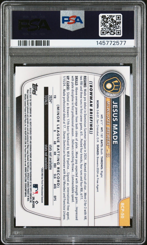 JESUS MADE SIGNED 2025 BOWMAN CHROME 1ST RC PURPLE GEOMETRIC /250 PSA 9 AUTO 10