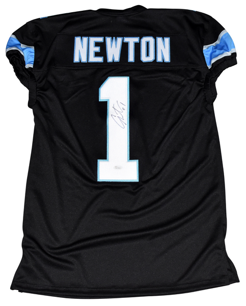 CAM NEWTON AUTOGRAPHED CAROLINA PANTHERS #1 BLACK GAME CUT JERSEY JSA