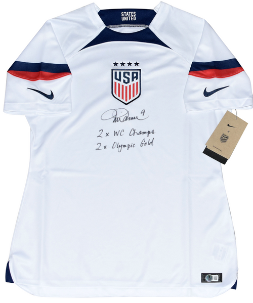 MIA HAMM SIGNED USWNT TEAM USA WOMEN'S NIKE SOCCER JERSEY W/ 2x OLYMPIC GOLD