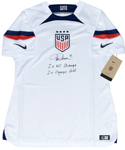 MIA HAMM SIGNED USWNT TEAM USA WOMEN'S NIKE SOCCER JERSEY W/ 2x OLYMPIC GOLD