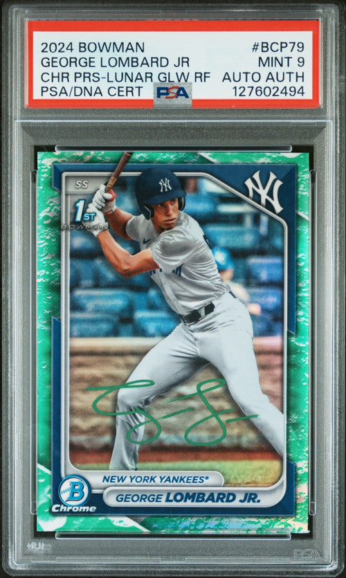 GEORGE LOMBARD JR SIGNED 2024 BOWMAN CHROME LUNAR GLOW REFRACTOR 1ST RC PSA 9