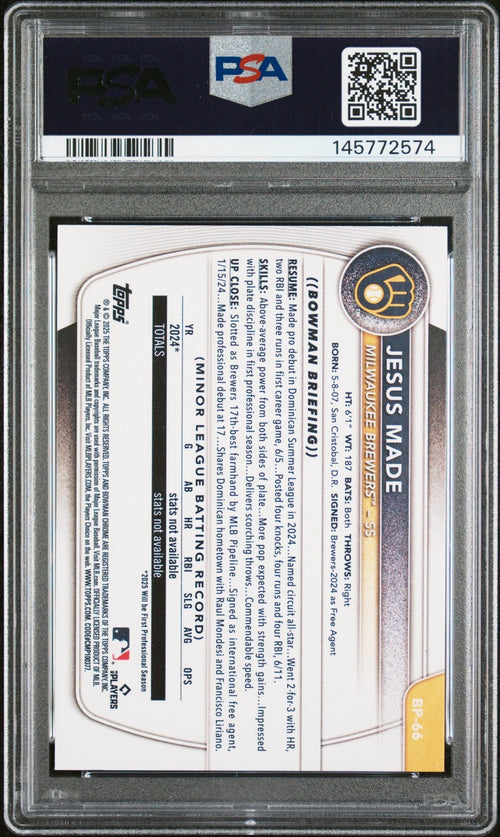 JESUS MADE SIGNED 2025 BOWMAN PAPER PROSPECTS 1ST ROOKIE RC PSA AUTO 10