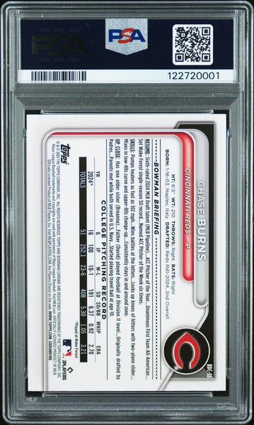 CHASE BURNS SIGNED 2024 BOWMAN DRAFT CHROME 1ST ROOKIE RC PSA AUTO AUTHENTIC