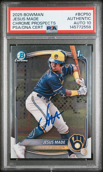 JESUS MADE SIGNED 2025 BOWMAN CHROME PROSPECTS 1ST ROOKIE RC PSA AUTO 10
