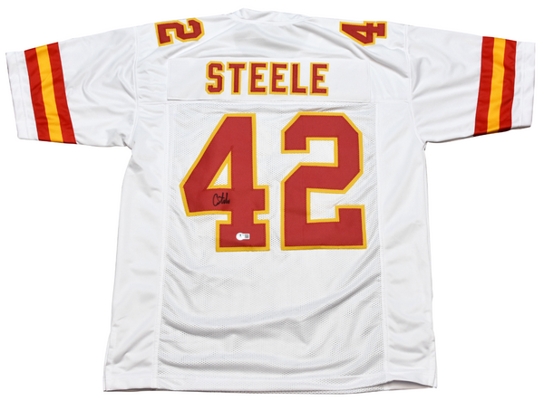 CARSON STEELE SIGNED AUTOGRAPHED KANSAS CITY CHIEFS #42 WHITE JERSEY BECKETT