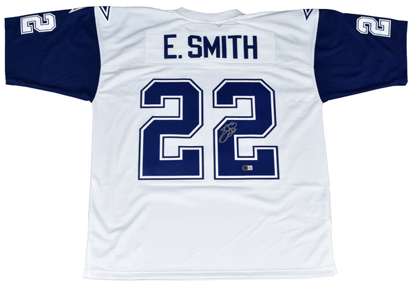 EMMITT SMITH SIGNED DALLAS COWBOYS #22 WHITE MITCHELL & NESS JERSEY BECKETT