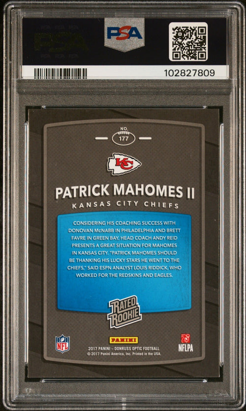 PATRICK MAHOMES SIGNED 2017 PANINI DONRUSS OPTIC RATED ROOKIE AUTO RC PSA  10