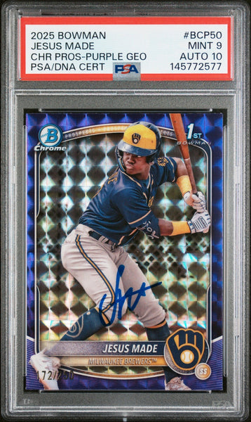 JESUS MADE SIGNED 2025 BOWMAN CHROME 1ST RC PURPLE GEOMETRIC /250 PSA 9 AUTO 10